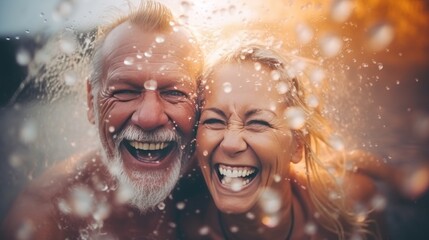 Happy senior couple doing aqua fitness in pool, healthy lifestyle concept, happy old age, banner - obrazy, fototapety, plakaty