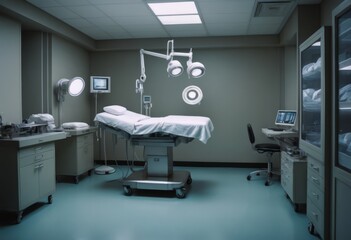 Hospital interior with operating surgery table, lamps and ultra modern devices, technology in modern clinic.