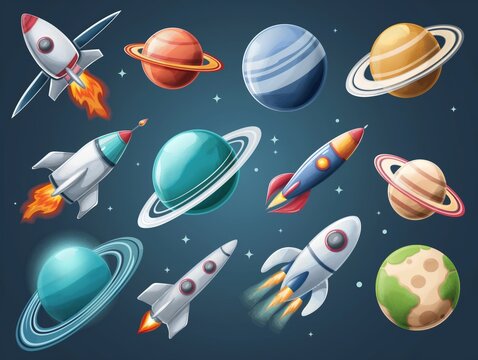 Collection of vibrant, illustrated rockets and planets on a starry background capturing the spirit of space exploration.