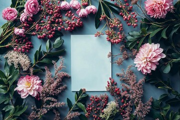 A flat lay composition of pink and white flowers, green leaves, and berries around an empty blank card in the center of the picture on a blue background with a top view.