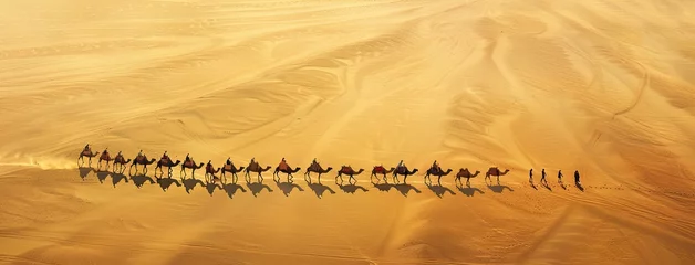 Gordijnen a caravan's passage through a vast expanse of sand, with camels and travelers weaving in a graceful, snaking line. © lililia