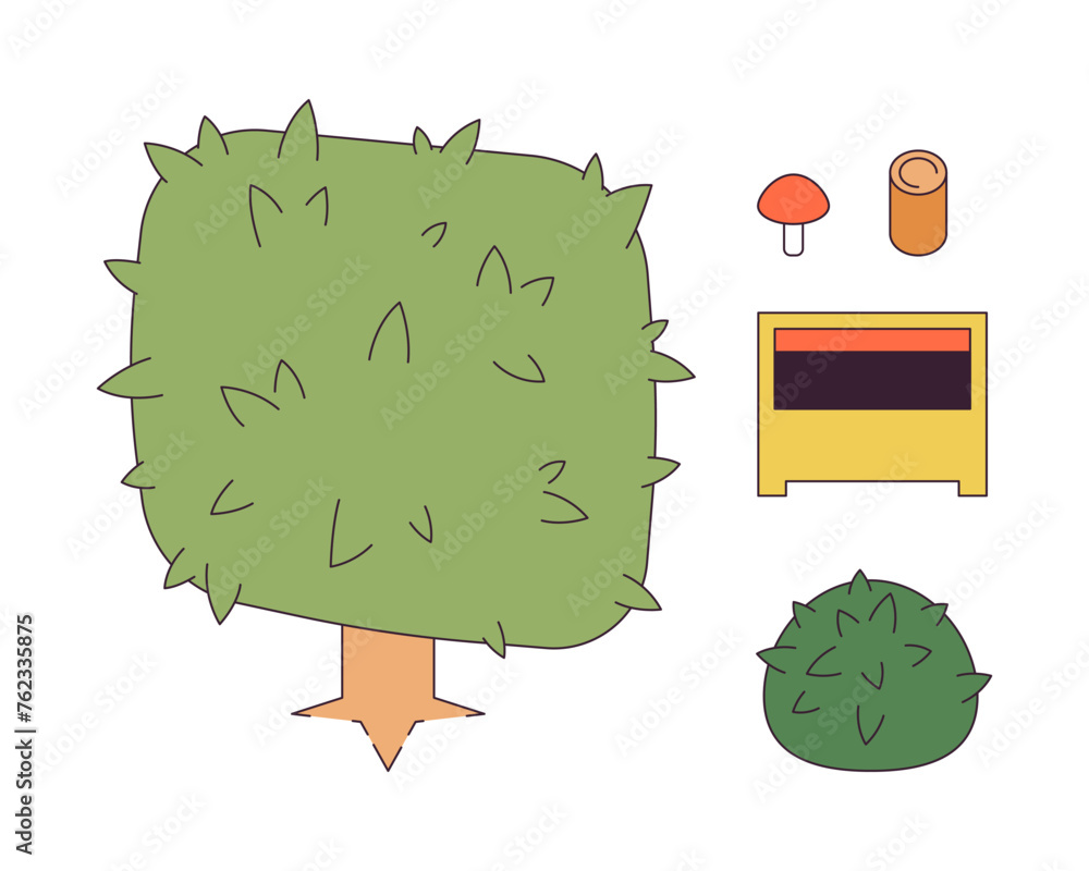 Poster video game landscape 2d linear cartoon objects set. forest plants and open chest isolated line vecto