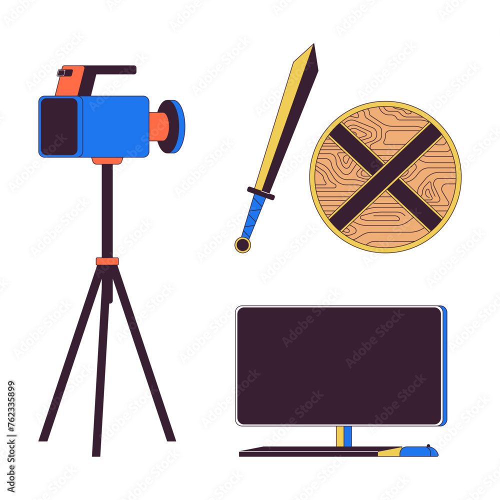 Poster action movie filming 2d linear cartoon objects set. historical reconstruction shooting set isolated 