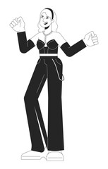 Joyful white woman dancing black and white 2D line cartoon character. Lady having fun at disco party isolated vector outline person. 70s retro style nightlife monochromatic flat spot illustration