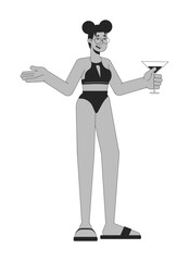 Black woman at pool party black and white 2D line cartoon character. African american female holding cocktail isolated vector outline person. Summertime hangout monochromatic flat spot illustration