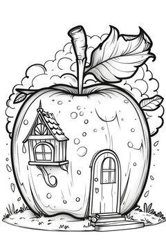An apple with a house inside of it, coloring book for kids.