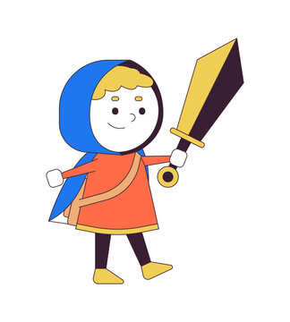 Smiling boy with sword 2D linear cartoon character. Brave little warrior. Adventurer isolated line vector person white background. Costume party for children color flat spot illustration