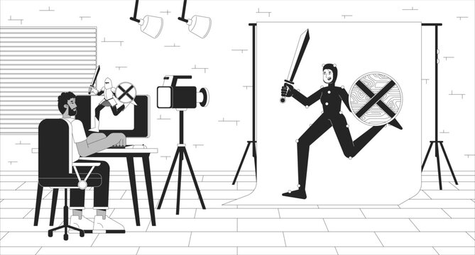Video game development black and white line illustration. Web designer with actress in mo-cap suit 2D characters monochrome background. Personage creating process outline scene vector image