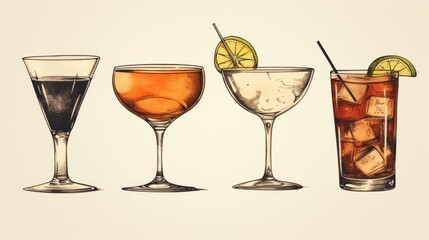 A drawing showcasing three different types of drinks. Can be used for beverage concepts