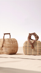 Still life photography of two woven bags made of natural fibers against a beige background.