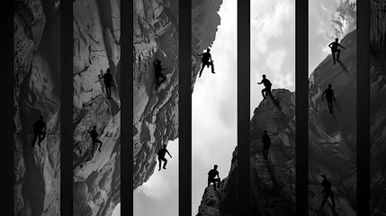 dozens of small pictures of different people climbing up a rock, monochrome, concept: team building, 16:9