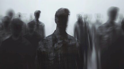 sad person in the middle of bunch of other people, no faces visible, concept: mental health, depressions, , copy and text space, 16:9
