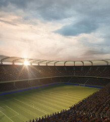 Aerial view of empty soccer football arena stadium with grass field. 3D render. Cloudy evening sky. Concept of sport, championship, match, game space. Poster, flyer for ad of sport games, events