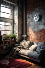 A cozy living room featuring a comfortable couch and a stylish wall clock. Ideal for interior design concepts
