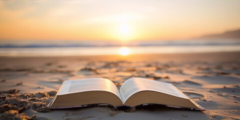 An open book on the beach with a setting sun in the background. - obrazy, fototapety, plakaty