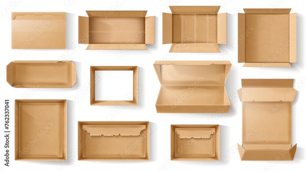 Aufkleber set of cardboard box mockups isolated on white background. modern illustration of open empty 3d cart
