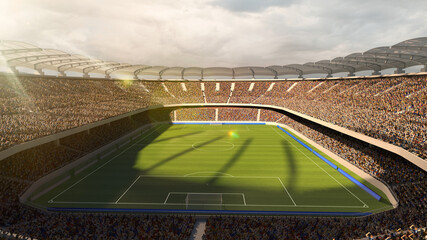 Aerial view of empty soccer football arena stadium with grass field. 3D render. Cloudy evening sky. Concept of sport, championship, match, game space. Poster, flyer for ad of sport games, events