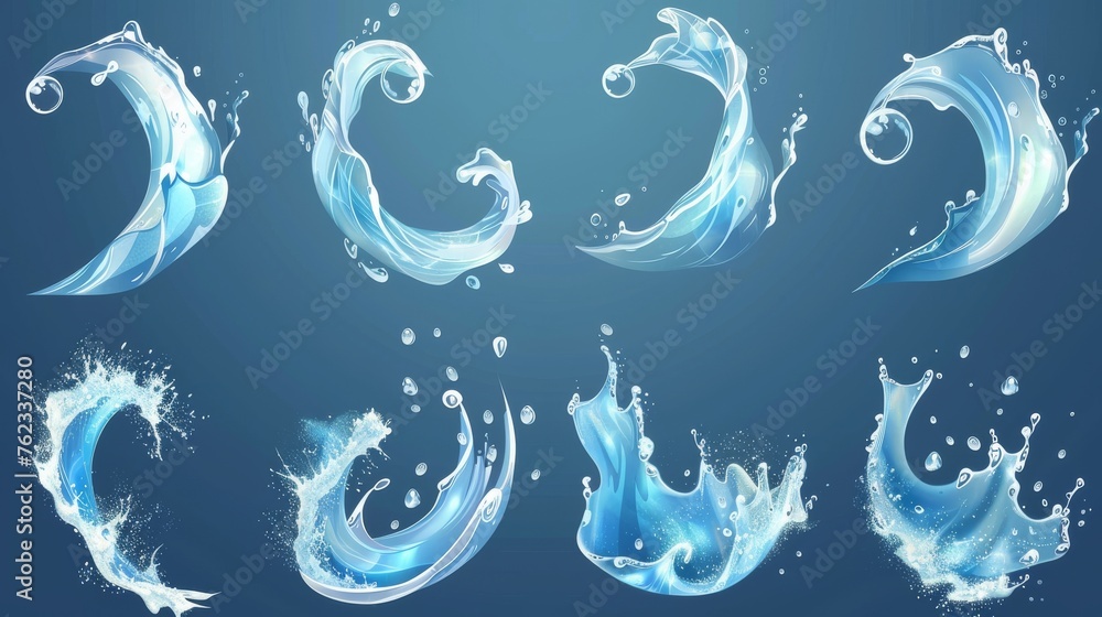 Poster realistic modern set of clean liquid underwater spin whirlwind with shampoo blobs, bubbles, and tran
