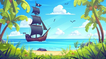Seascape of summer with a pirate ship with black flag floating in the sea near shore, covered in green grass with palm trees and blue sky with clouds. A corsair boat is afloat in the lagoon nearby.