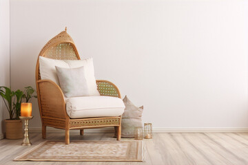 Minimalistic interior with a cozy wicker chair, carpet, and home plants in a bright room with white walls