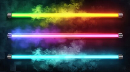 An illustration of neon tubes isolated on a transparent background. Nice illustration of neon tubes in various colors glistening in smoke, a nightclub design element and an ornament for a party.