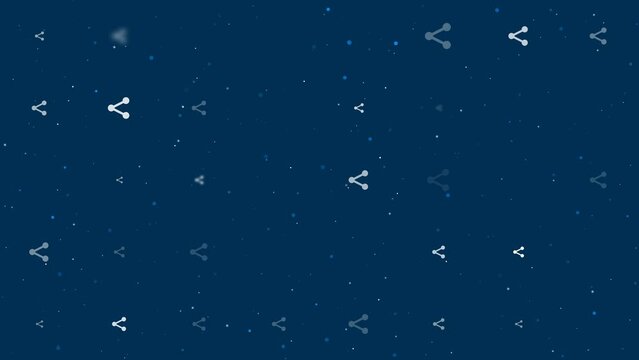 Template animation of evenly spaced share symbols of different sizes and opacity. Animation of transparency and size. Seamless looped 4k animation on dark blue background with stars