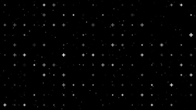 Template animation of evenly spaced plus symbols of different sizes and opacity. Animation of transparency and size. Seamless looped 4k animation on black background with stars