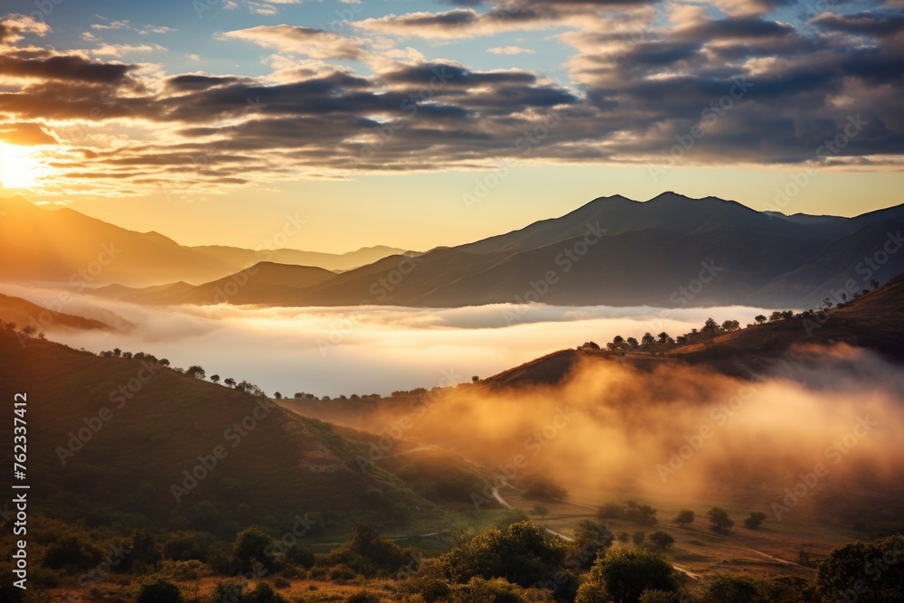 Poster scenic view of sun setting over valley with mountains in background. perfect for nature and landscap