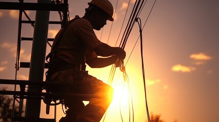A man walking on a power line with the sun setting in the background. Perfect for illustrating risk and adventure