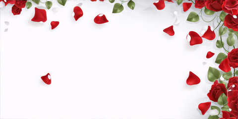 Red roses and petals on a white background, 3D illustration