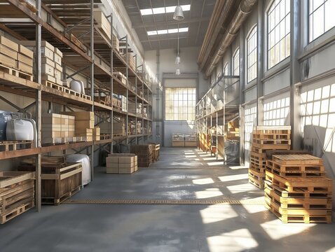 Light streams into an organized warehouse with shelves, boxes, and pallets.