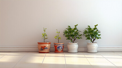 Fototapeta premium 3D rendering of three potted plants in front of a white wall with sunlight shining on the floor.