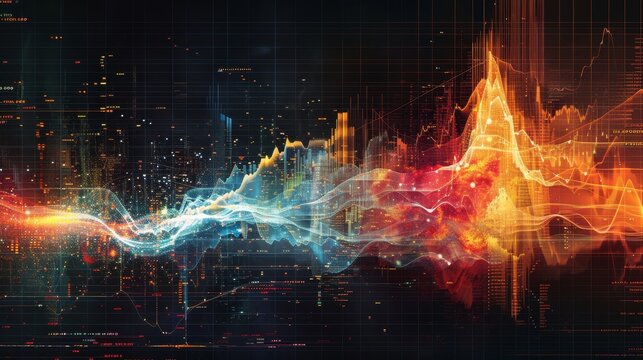 Generate an image that visually interprets the dynamics of trade and stocks through a captivating chart