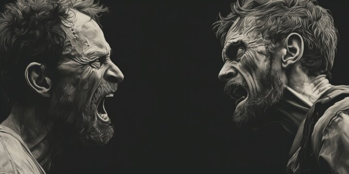 Two men with their mouths open, expressing strong emotions. Suitable for various concepts and themes
