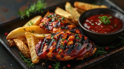 grilled chicken and fries on a tray, with a spacious section provided for text accompaniment.