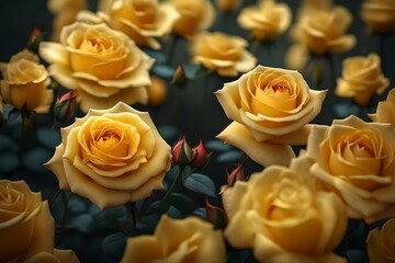 An enchanting scene showcasing the golden beauty of a yellow rose and its delicate petals, presented in stunning