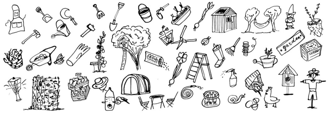 Garden tools hand drawn doodle illustration. Bird feeder, axe, gloves, flowerpot, rake, fork, hose, boots, watering can, pruning saw, etc