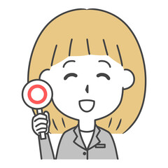 マルの札を出すスーツ姿の女性　上半身　イラスト
