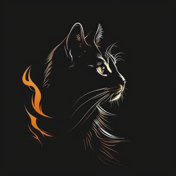 A black cat with yellow eyes on a black background