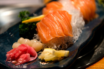 Close-up of the salmon sashimi on the plate