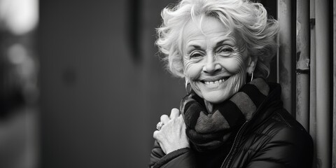 A woman with a smile captured in black and white. Suitable for various projects