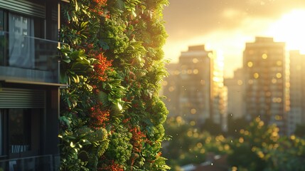 Illustrate a vertical garden installation on a city building, showcasing a mix of vibrant plant species climbing upwards Painting style