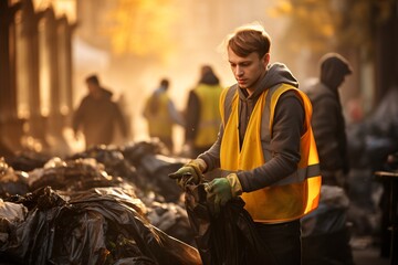a man in a yellow vest picking up garbage