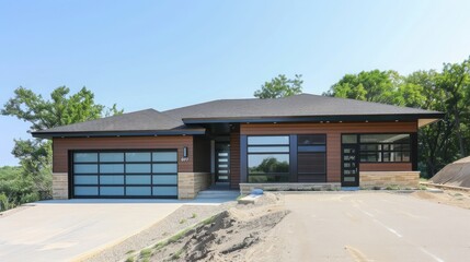Fototapeta na wymiar New construction home exterior with contemporary house plan features low slope roof, brown siding and glass garage door.
