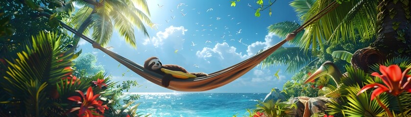 Tranquil Tropical Retreat: Sloths in Hammocks, Toucans Feasting in Lush Island Oasis - obrazy, fototapety, plakaty