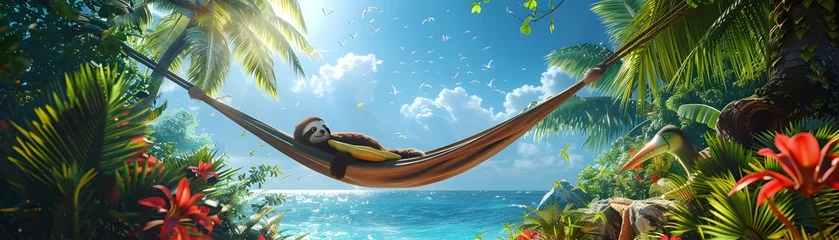 Poster Tranquil Tropical Retreat: Sloths in Hammocks, Toucans Feasting in Lush Island Oasis © Wuttichai
