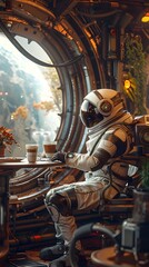 Fototapeta na wymiar Futuristic Zero-Gravity Caf? Amid Cosmic Backdrop of Alien Espresso Debate