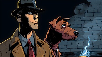 In a dark, gritty urban setting, a hardened detective and his loyal dog sidekick investigate a perplexing case