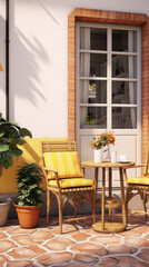Fototapeta na wymiar 3D rendering of a cozy outdoor seating area with two chairs, a table, and potted plants in a Mediterranean style