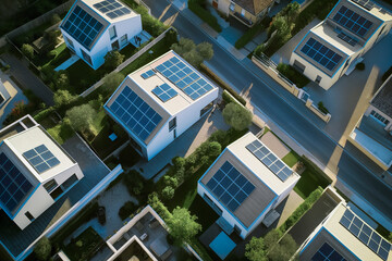 Vue d'un lotissement de maisons équipées de panneaux solaires photovoltaique - obrazy, fototapety, plakaty